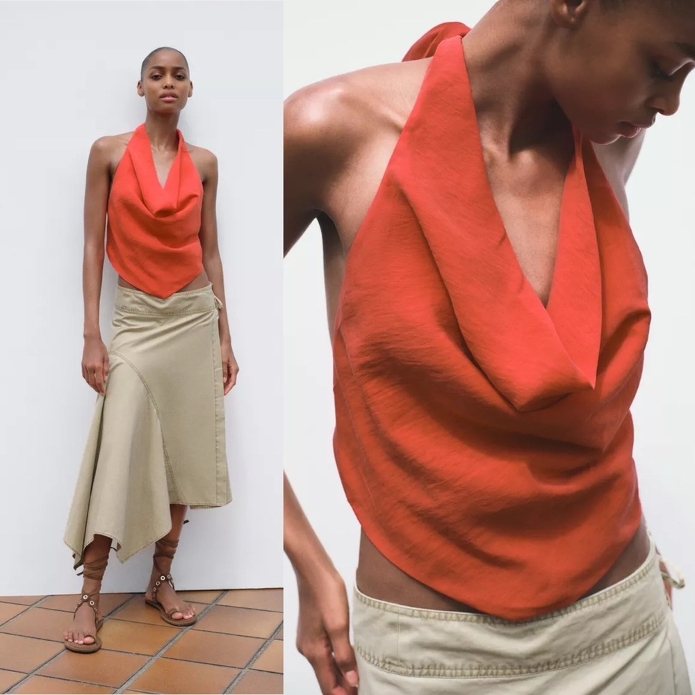 Zara Flowing Halter Top in Red Coral Draped Tie Top NWT size Large 4661/170
